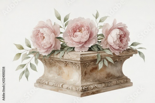 An antique carved stone planter features three soft pink peonies and delicate green leaves against a white background.