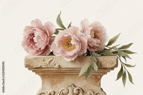 Three delicate pink peony flowers resting on an antique stone column base.
