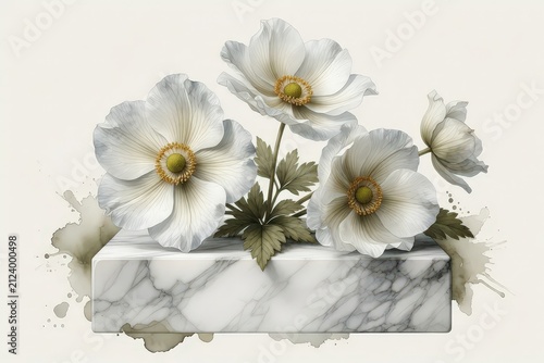 White anemone flowers rest on a marble block.