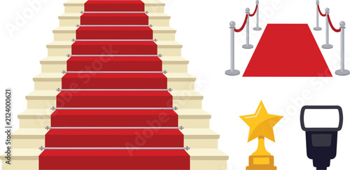 Bild auf Leinwand Red Carpet Vector Elements Set with Stairs Velvet Rope Barrier Gold Star Trophy