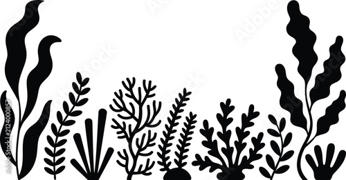 Foto Seaweed silhouette underwater ocean plant set coral reef algae marine life kelp aquatic flora vector illustration isolated white background element