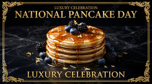 Stack of pancakes with blueberries and blackberries food photography
