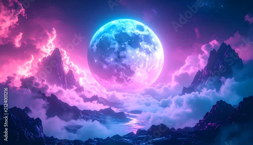 Vibrant Neon Moonscape with Dreamy Clouds and Mountains.
