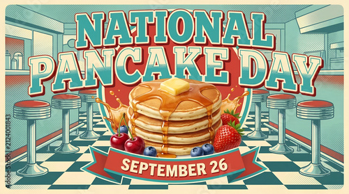 Pancake Stack Illustration With Fruit And Retro Diner Background