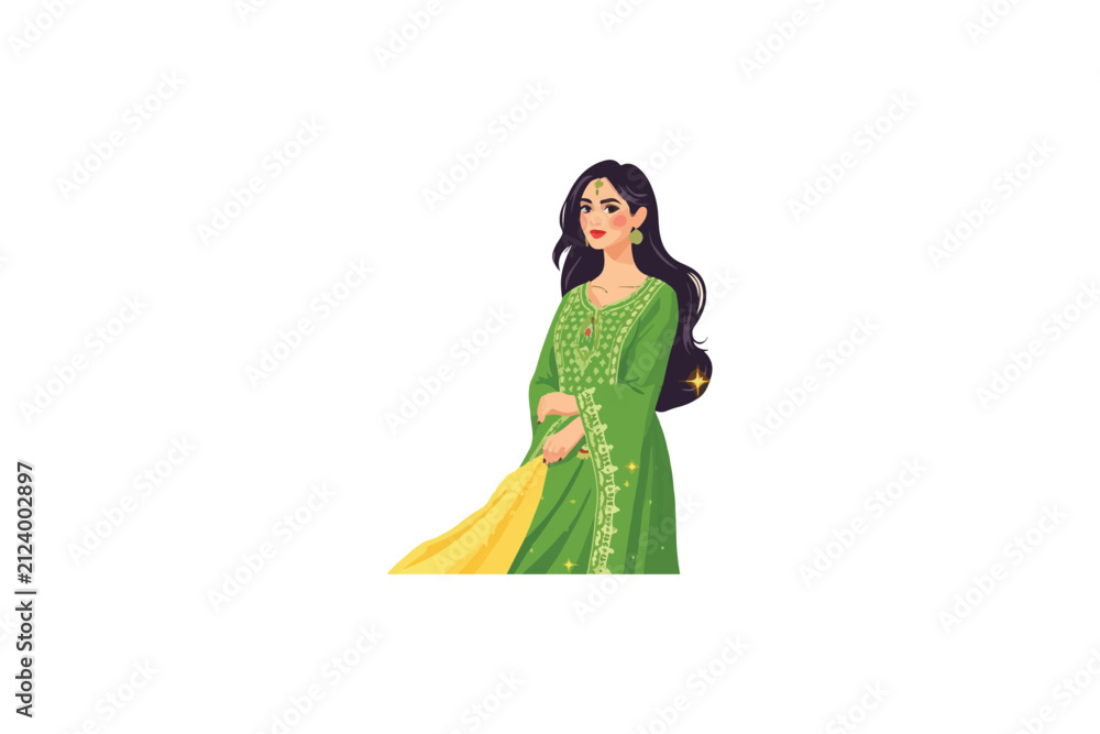 Fototapeta premium Lime Green and Yellow Salwar Kameez Illustration | Traditional South Asian Women's Festive Attire Vector | Elegant Embroidered Kurti and Dupatta Design