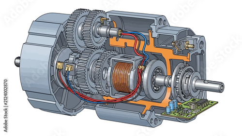 Detailed 3D cutaway view of electric motor showing internal gears copper windings shaft and electronic control board components