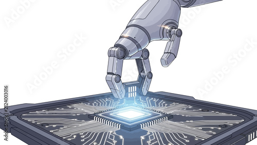 Futuristic robotic arm installing a glowing microchip on a circuit board representing artificial intelligence and automation technology