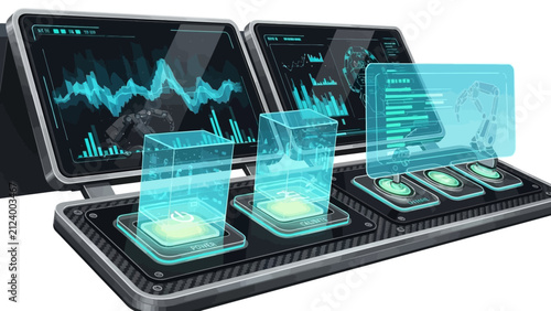 Futuristic control panel with holographic interface displaying robotic arm schematics and data graphs on digital screens with glowing buttons