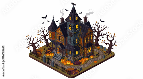 Картината върху платно Spooky haunted mansion with pumpkins and bats for Halloween celebration 1