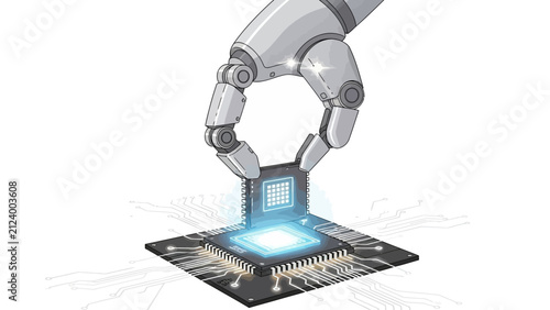 Robotic arm placing microprocessor chip on electronic circuit board technology concept illustration for automation and manufacturing