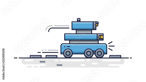 Modern blue automated train carrying cargo containers on a track with motion lines indicating speed and efficiency in a flat vector style illustration