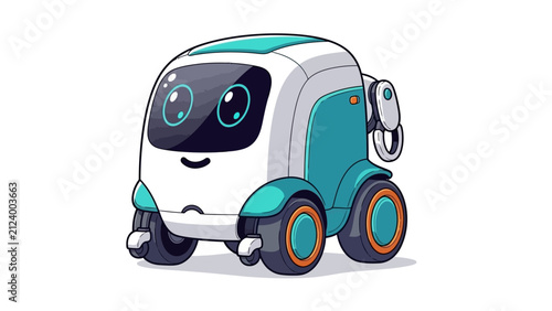 Cute cartoon robot car with big eyes and smiling face isolated on white background vector illustration technology concept autonomous vehicle