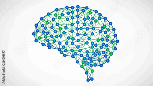 Abstract brain network made of blue and green connected nodes symbolizing artificial intelligence and neural connections on white background