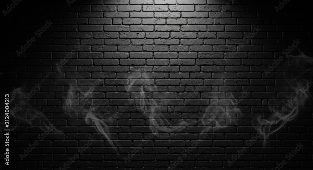 Fototapeta premium Dark charcoal brick wall with ethereal grey smoke wisps and central lighting vignette