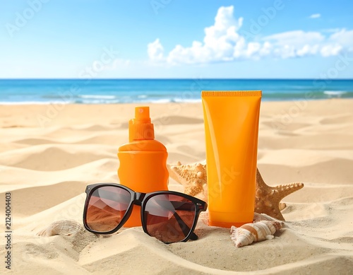 Refreshing orange juice with ice cubes on beach.
