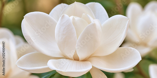 Close up of a creamy white magnolia flower blossom with soft natural lighting and blurred green bokeh