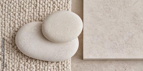 Minimalist Moodboard Flatlay with Beige Textured Rug Smooth Pebbles and Marble Stone Surface Top View