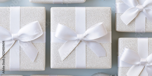 Top view of white glitter Christmas gift boxes with satin ribbons arranged on a light grey background