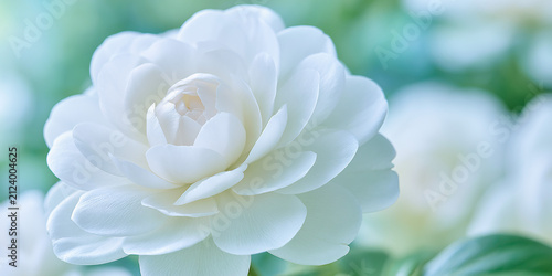 Soft focus white camellia flower in natural light with a gentle pastel teal green blurred background