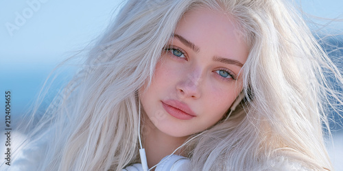 Portrait of young woman with bright white hair and blue eyes wearing white headphones outdoor music