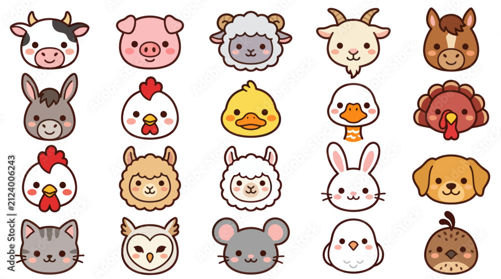 Fototapeta premium Cute farm animal faces collection