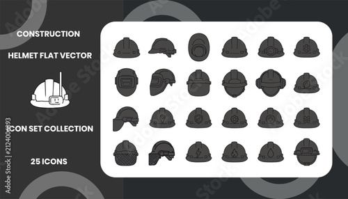 Construction Helmet Flat Vector Icon Set Collection for Industrial Safety, PPE Equipment, Engineering, Mining, Manufacturing, and Worker Protection Design