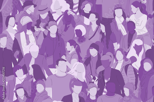 Seamless pattern with monochrome purple crowd of different people, men and women. Diversity concept. Pedestrians at rush hour walking
