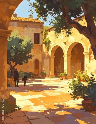 Serene courtyard with historic architecture and greenery.