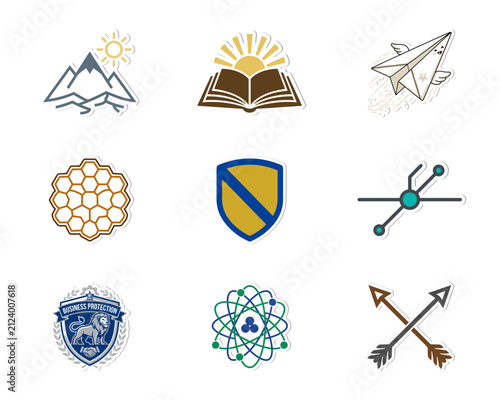 Kawaii Cartoon Mascot Sticker Set Featuring Trophy Star Corn Pinecone Compass Calendar Rain Cloud and Blue Umbrella Vector Illustration