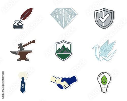 Set of Cute Cartoon Sticker Characters Featuring Autumn Pumpkin Leaf Chestnut Walnut Fig Anchor and Professional Icons