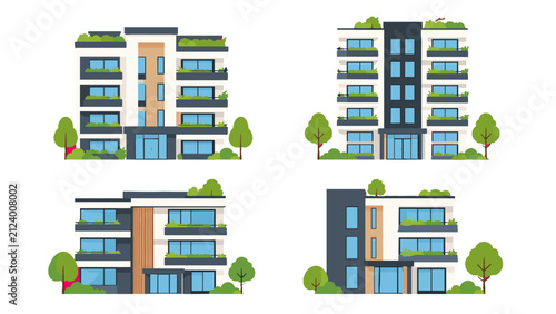 Set of modern apartment building facades with trees
