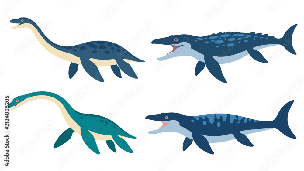 Fototapeta premium Set of four prehistoric marine reptile cartoon vectors