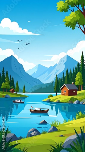 Serene mountain lake with wooden cabin and boats.