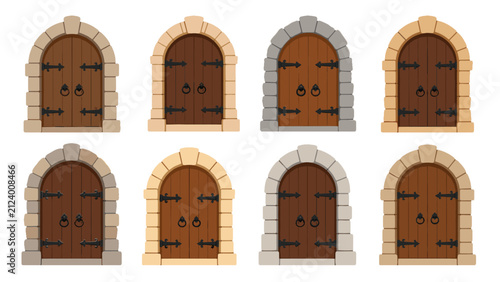 Set of arched wooden doors with stone frames vector illustration