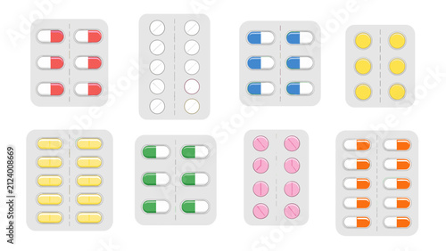 Set of colorful medicine blister packs in flat vector style