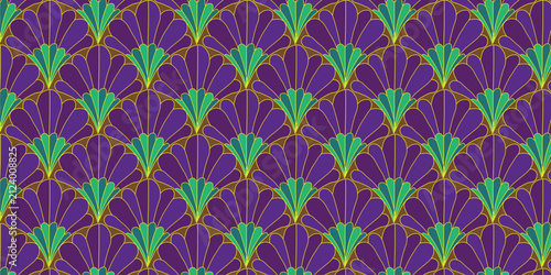 Art Deco seamless pattern with purple and green fan shapes, vintage geometric floral background, elegant Gatsby style vector wallpaper for luxury branding