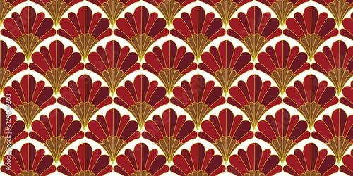 Art Deco seamless pattern with red fan motifs, elegant vintage geometric background, luxury gold and burgundy floral ornament vector