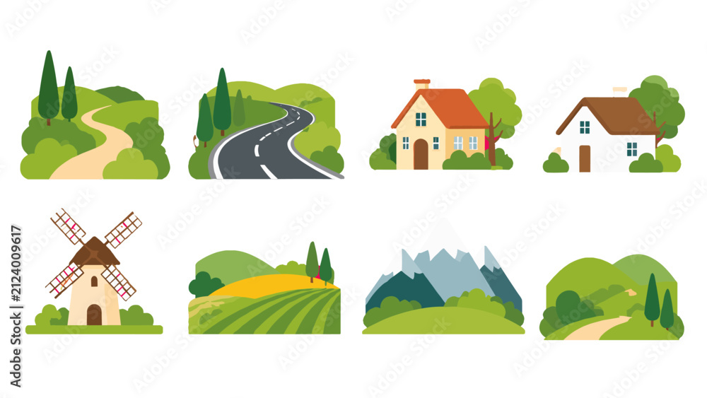 Obraz premium Set of rural landscape and house icons in flat vector style