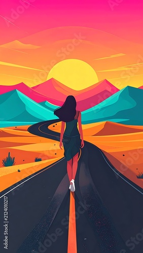 Silhouette of person walking on road at sunset.