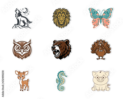 Set of Flat Vector Sticker Icons Featuring Target with Arrow Eco Gear Leaf Mountain and Cute Cartoon Mushroom Character