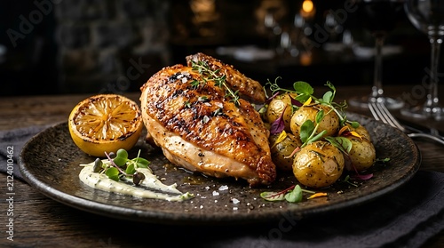 Roasted chicken breast with potatoes and lemon on a black plate in a dark restaurant setting. flame-grilled chicken