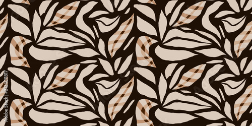 Abstract hand drawn leaves silhouette pattern. Minimalist modern seamless pattern. 