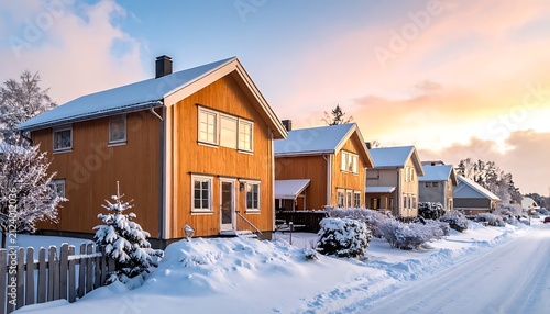Snow covered alpine village with wooden chalets.