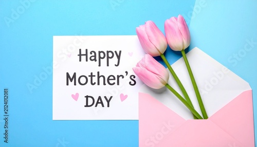 Happy Mother’s Day Card with Tulips and Envelope for Lifestyle Branding, Celebration Inspiration, and Gratitude Visual Concepts