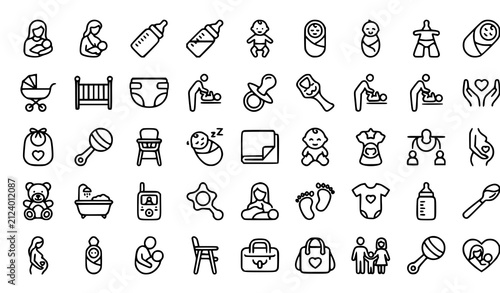 Baby and Mother Line Icons Editable Stroke Vector EPS10 Set