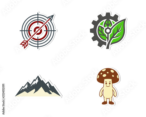 Set of Flat Vector Sticker Icons Featuring Target with Arrow Eco Gear Leaf Mountain and Cute Cartoon Mushroom Character