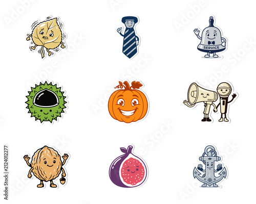Set of Cute Cartoon Sticker Characters Featuring Autumn Pumpkin Leaf Chestnut Walnut Fig Anchor and Professional Icons