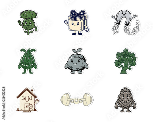 Cute Cartoon Sticker Pack Featuring Anthropomorphic Nature Characters, Gift Box, Magnet, and Fitness Icons