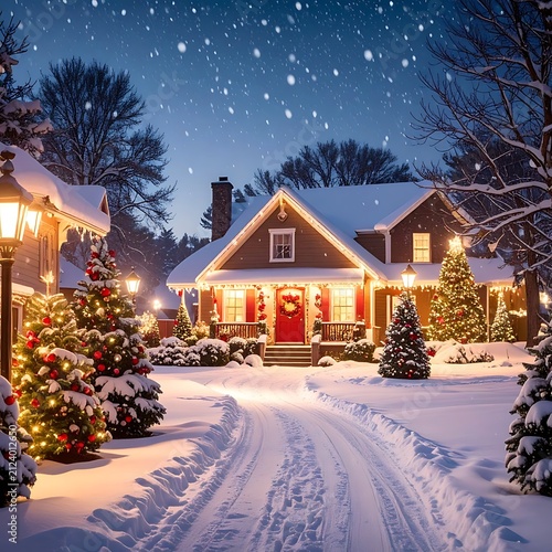 Snowy suburban house with festive lights at dusk.