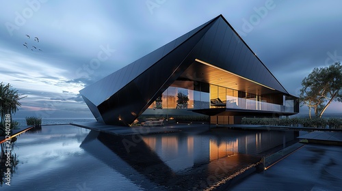 A bold architectural masterpiece shaped like a giant dark obsidian crystal. Generative AI.